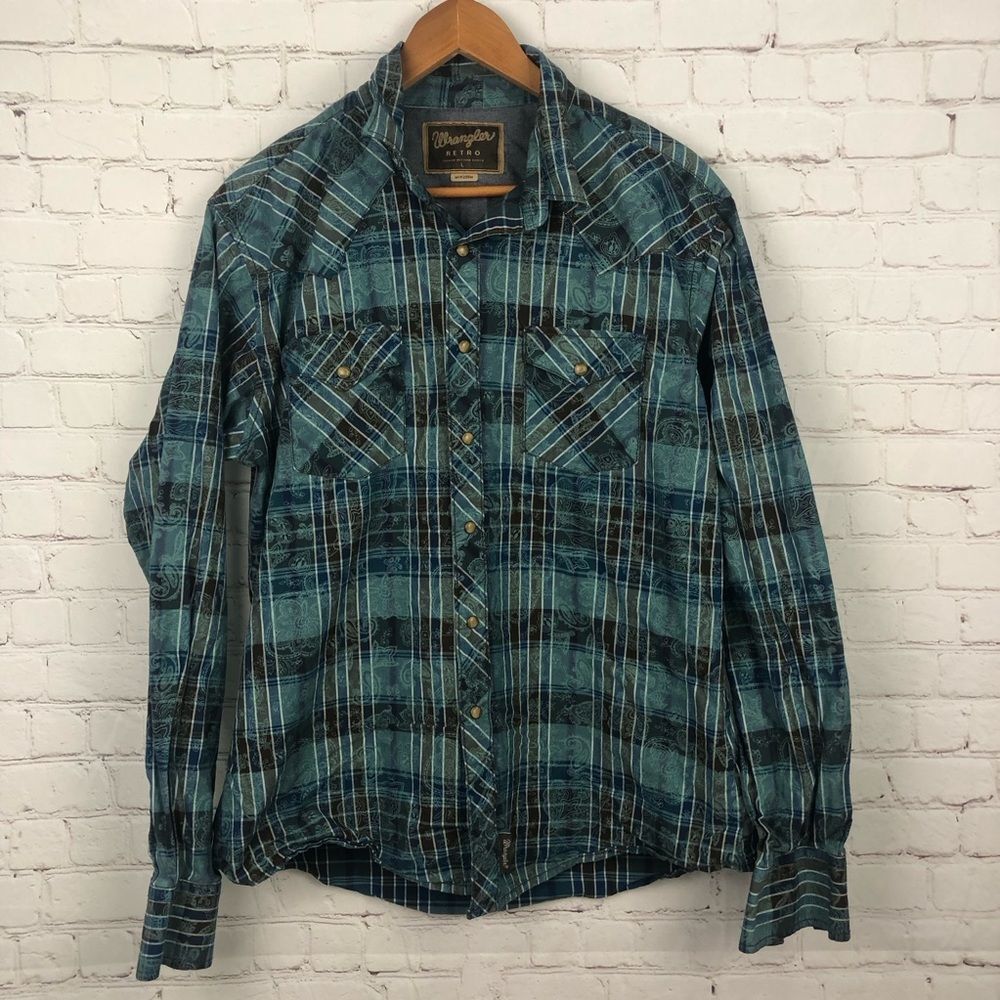 Wrangler Retro Blue Plaid Button Up Men's Sz Large